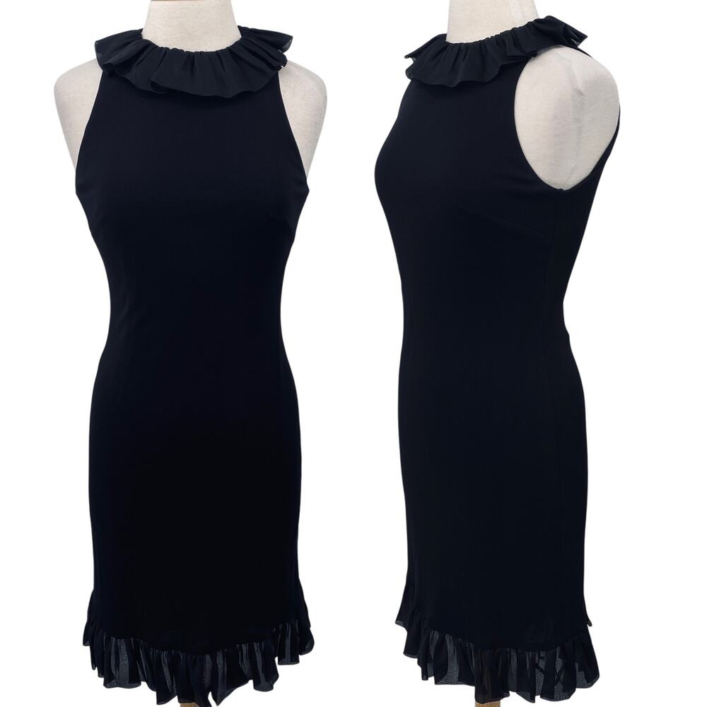 Kay Unger Silk Ruffle Neck Cocktail Dress Sheath Midi Sleeveless Black Womens 10